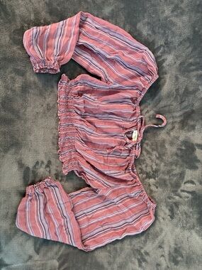 Aeropostale Pink and Light Blue Striped Off-Shoulder Top